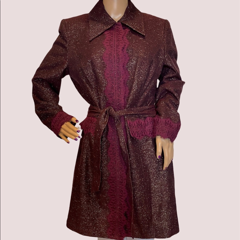 Bisou Bisou Chic Sparkly Plum Lace Tie Belt Jacket Trench Dress Coat Size 14 VGC